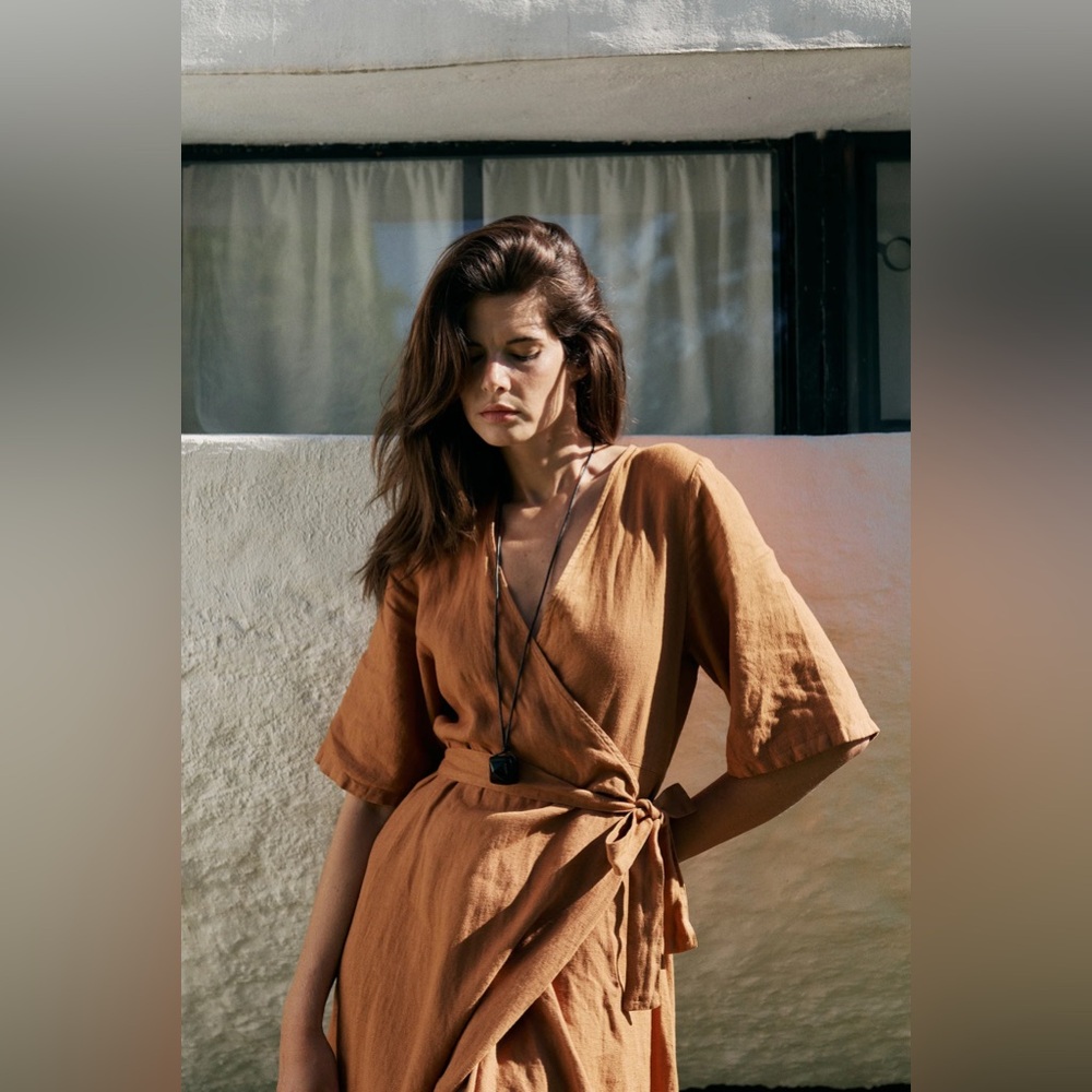 RW&CO. Rust Brown Linen/Viscose Blend Wrap Midi Dress with Tie Waist